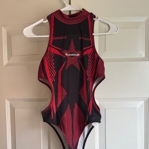 Red and Black Star-Graphic One-Piece Bodysuit with Cut-Outs